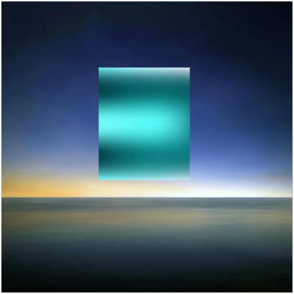 High-status minimalist mixed media art on 20x20 Aluminum DIBOND featuring a glowing teal horizon and deep archival indigo gradients. Archival-grade industrial substrate for luxury interior design.