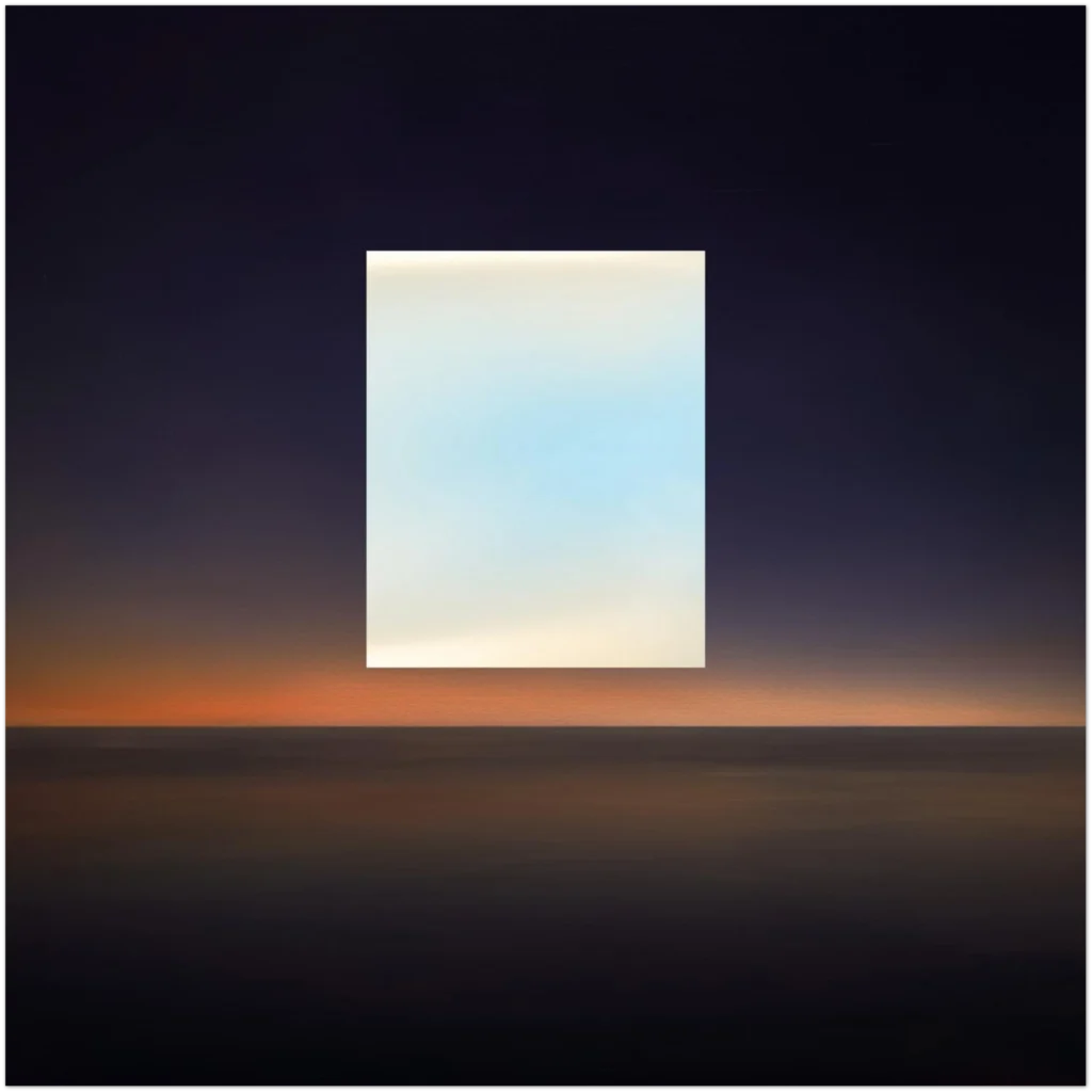 Investment-grade 20x20 mixed media art on Aluminum DIBOND. OBLIVION #2 by Jason Rivers features a glowing white geometric portal over a deep violet and ochre horizon. High-status archival artwork for luxury architectural settings.