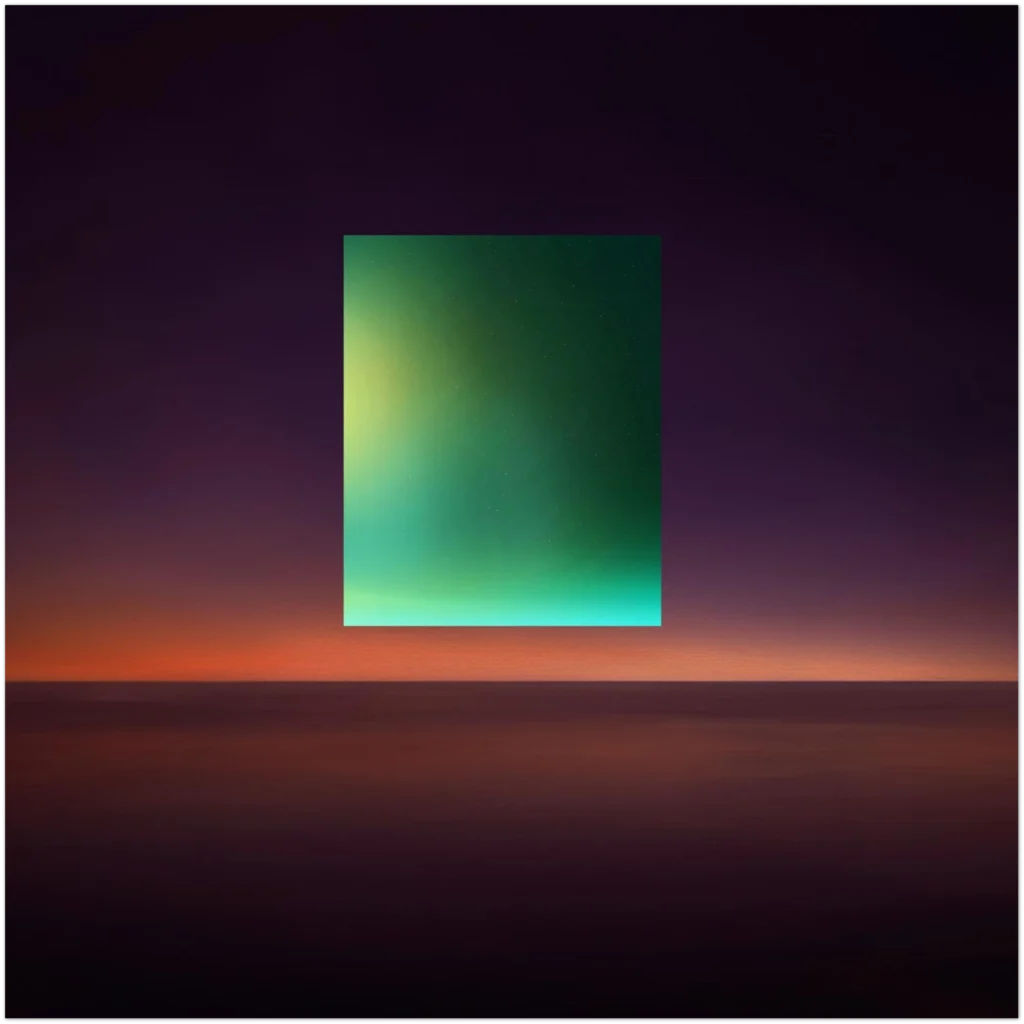 Investment-grade 20x20 mixed media artwork on Aluminum DIBOND. OBLIVION #3 by Jason Rivers features a vibrant green and lime geometric portal over a burnt orange and deep plum horizon. High-status archival art for luxury collectors.